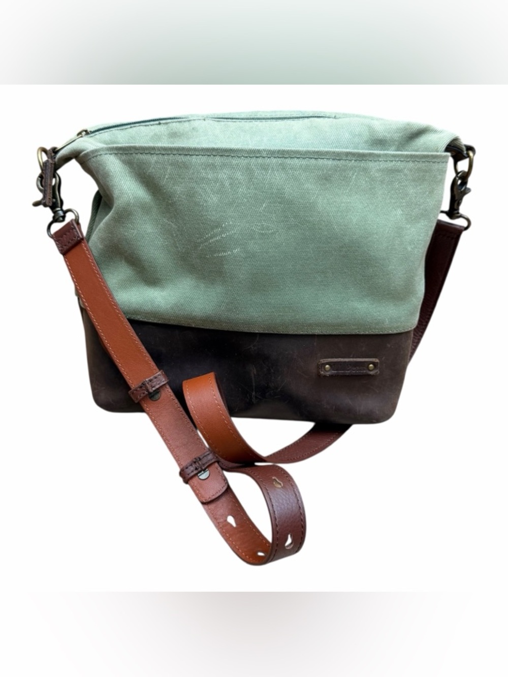 LL Bean Canvas and Leather Crossbody Bag in Sage Green and Brown